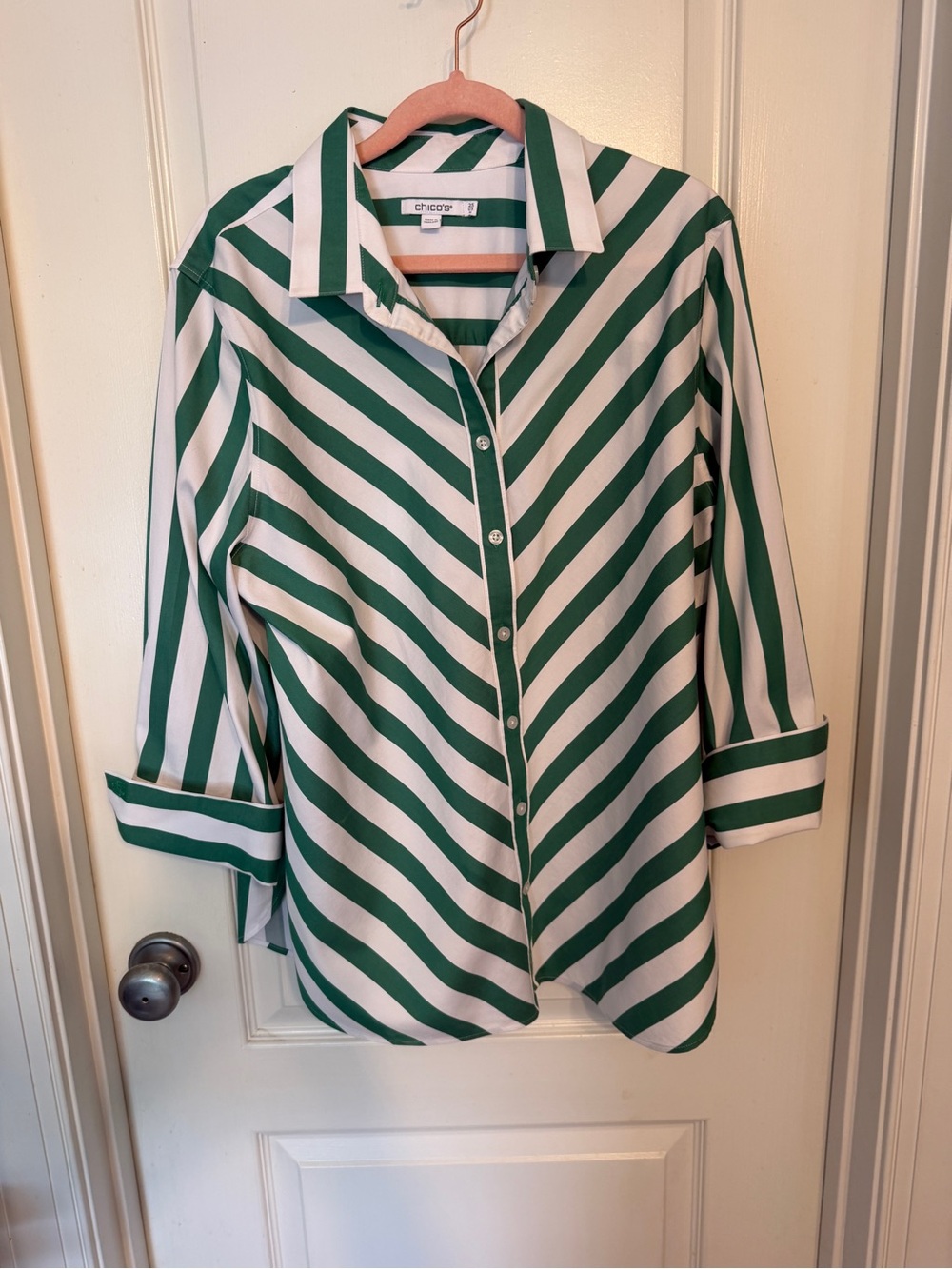 Chico's Emerald and White Diagonal Stripe Button-Up Blouse